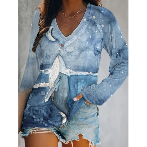 Women's Humpback Whale Printed Casual T-Shirt