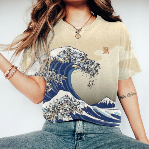 Women's Japanese Art Dog And Waves Print Casual T-Shirt