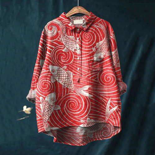 Women's Japanese Art Fish Print Loose Shirt