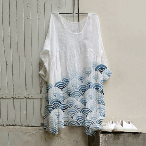 Women's Japanese Art Waves Pocket Loose Casual Maxi Dress