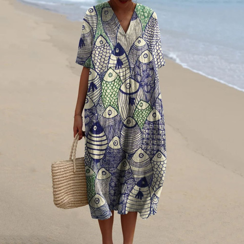 Women's Japanese Fish Watercolor Splash Fluid Art Print Flowy Dress