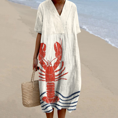 Women's Lobster Art Pattern Linen Blend Dress