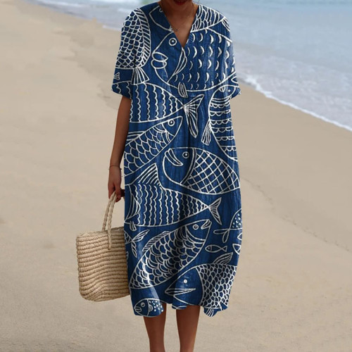 Women's Minimalist Line Fish Art Print Casual Dress