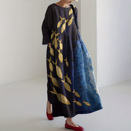 Women‘s Ocean Fish Schools Linen Blend Maxi Dress
