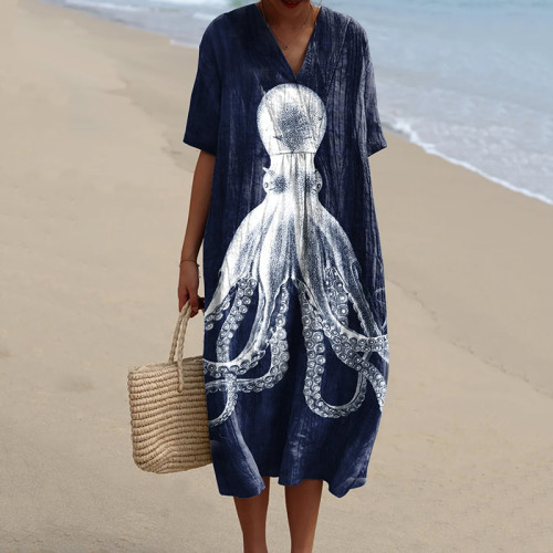 Women's Octopus Art Print Casual V Neck Midi Dress