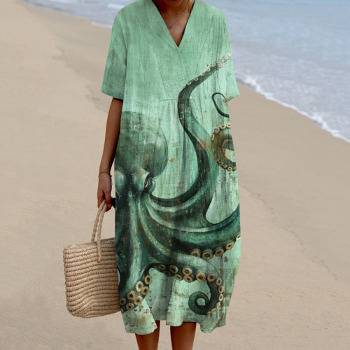 Women's Octopus Art Print Linen Blend Dress