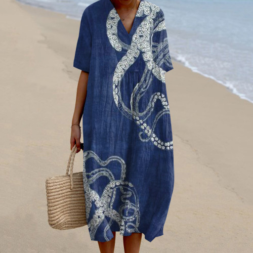 Women's Octopus Art Print V-Neck Midi Dress
