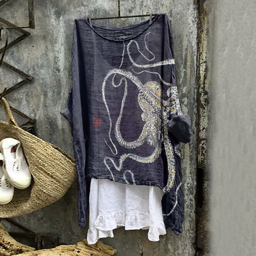 Women‘s Octopus Art Round Neck Linen Blend Shirt