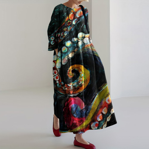 Women‘s Octopus Claw Colorful Linen Blend Maxi Dress