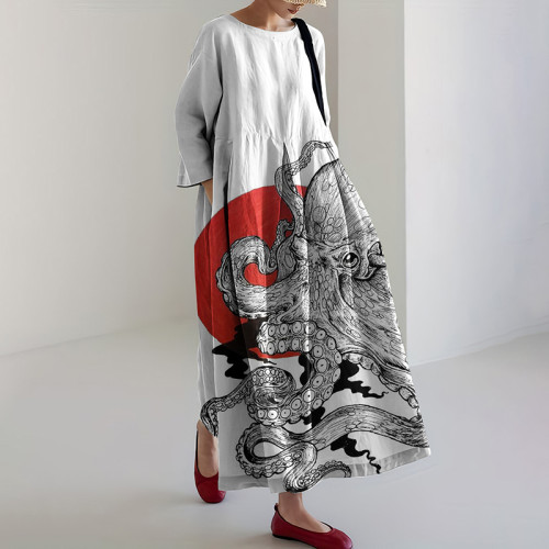 Women‘s Octopus Linen Blend Casual Maxi Dress