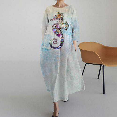 Women's Seahorse Shiny Collage Print Long Sleeved Loose Midi Dress