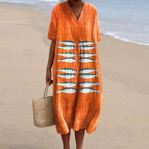 Women's Vintage Fish Art Print Casual Cotton Linen Dress