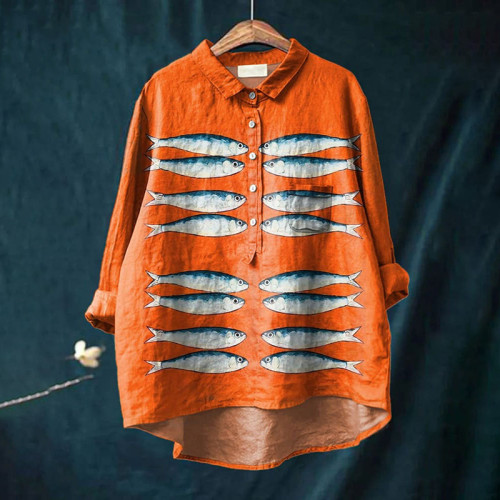 Women's Vintage Fish Art Print Casual Cotton Linen Shirt