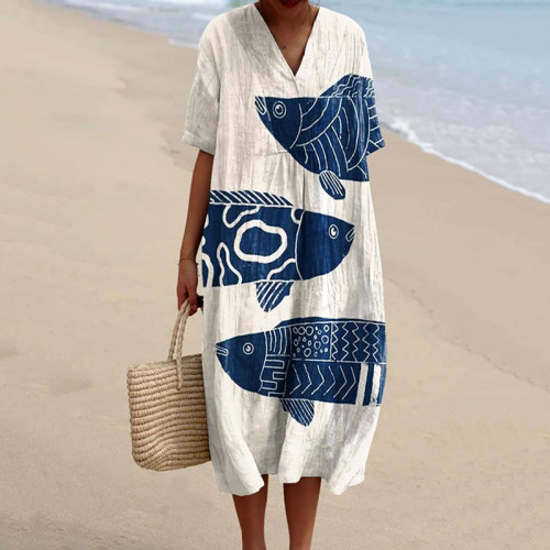 Women's Vintage Fish Art Print Casual Midi Dress