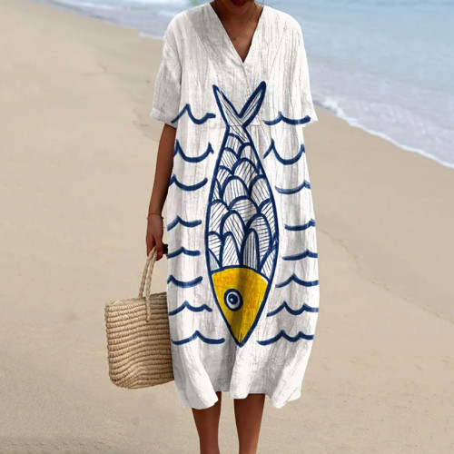 Women's Vintage Fish Art Print Flowy Casual Midi Dress