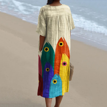 Women's Vintage Fish Art Print Flowy Dress