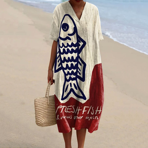 Women's Vintage Fish Art Print Flowy Dress