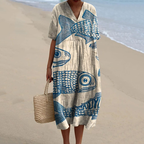 Women's Vintage Fish Art Print Flowy Dress