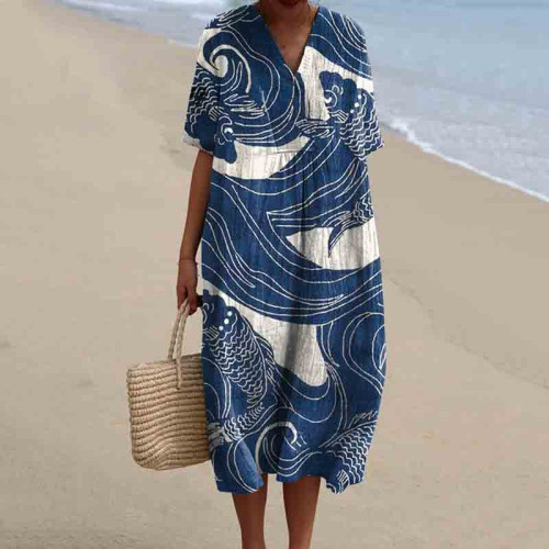 Women's Vintage Fish Art Print V-Neck Midi Dress