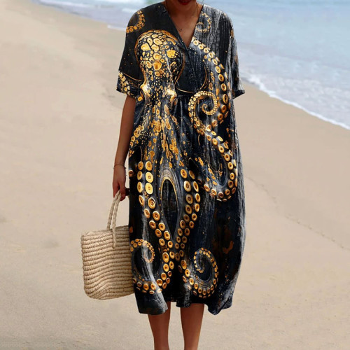 Women's Vintage Octopus Art Print Casual Midi Dress