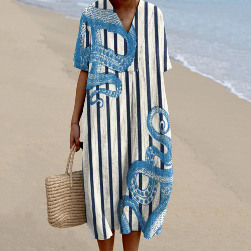 Women's Vintage Octopus Art Print V-Neck Midi Dress
