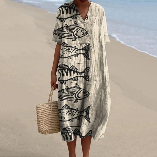 Women's Vintage Sea Fish Art Printed Casual Midi Dress