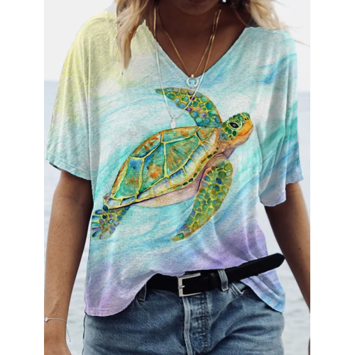 Women's Water Color Sea Turtle Print V-Neck Tee