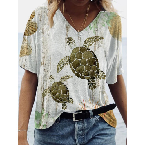 Women's Watercolor Sea Turtle Print V-Neck Tee