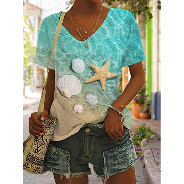 Women's Watercolor Starfish Print V-Neck Tee