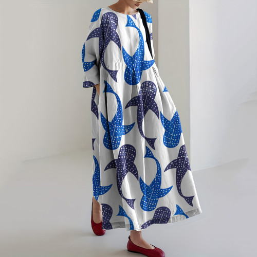 Women‘s Whale Art Linen Blend Casual Maxi Dress