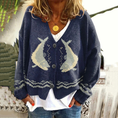 Women's Whale Pattern Button Down Cardigan