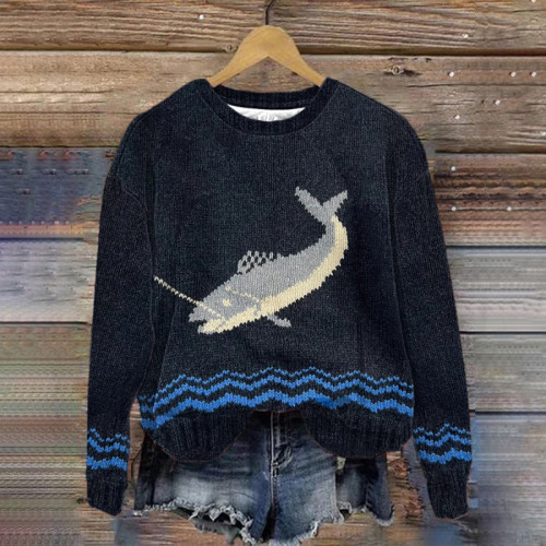 Women's Whale Pattern Crew Neck Sweater