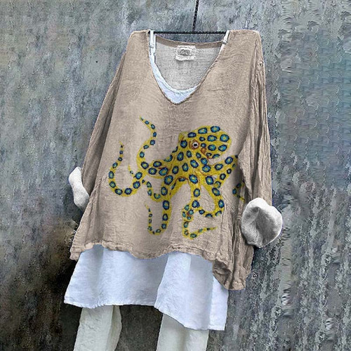 Women‘s Yellow Octopus Art V Neck Linen Blend Shirt