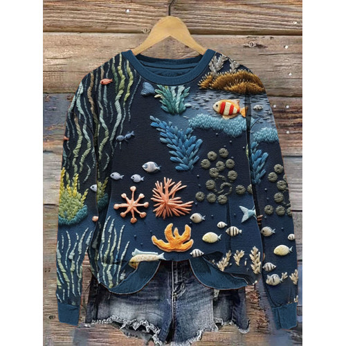 ocean pattern Embroidery Art Print Casual Cozy Sweatshirt