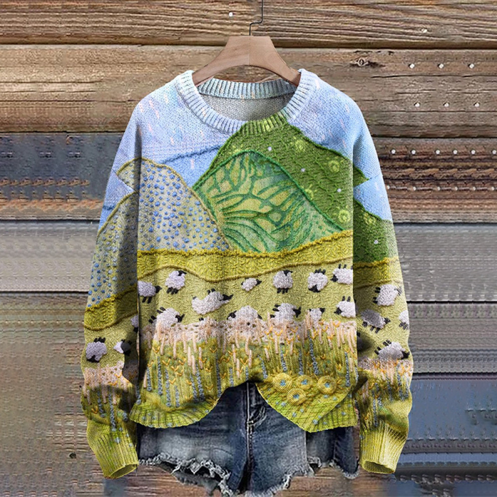 A Group Of Sheep In The Meadow Print Knit Pullover Sweater
