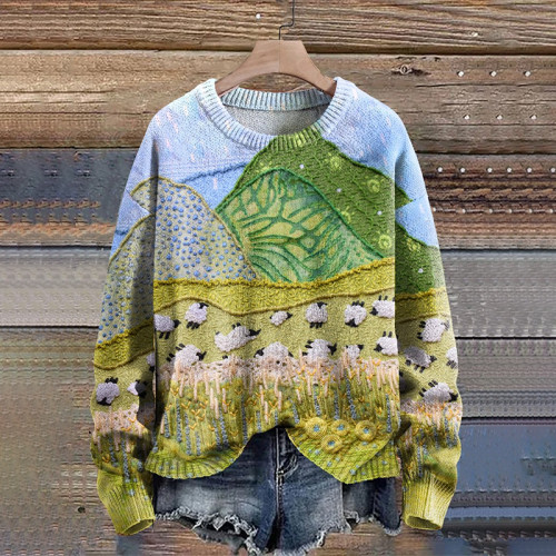 A Group Of Sheep In The Meadow Print Knit Pullover Sweater