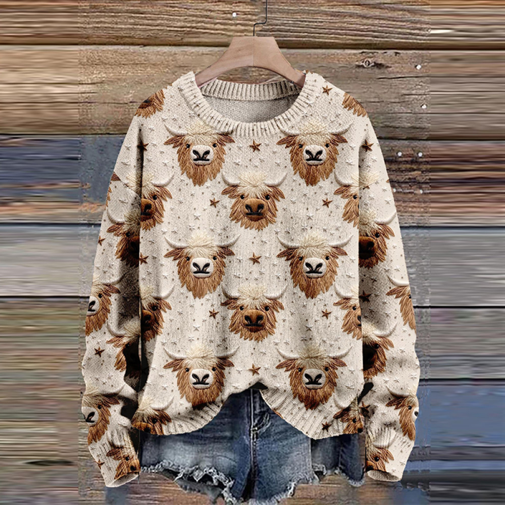 All Over Highland Cow Print Knitted Sweater
