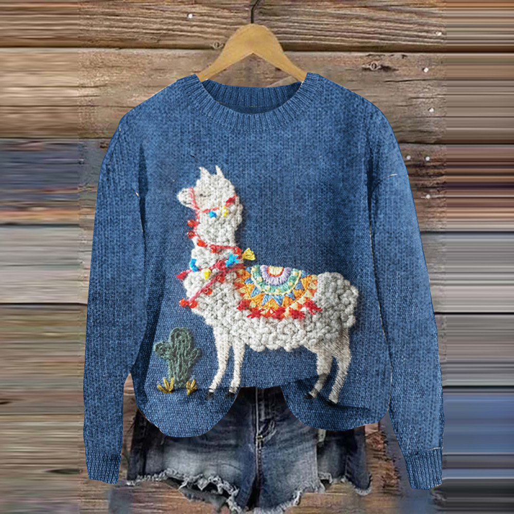 Alpaca Print Knitted Pullover Sweater