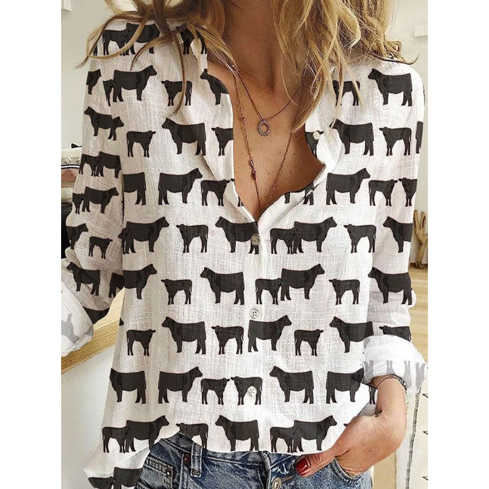 Black Angus Calf Print Casual Long Sleeve Blouse