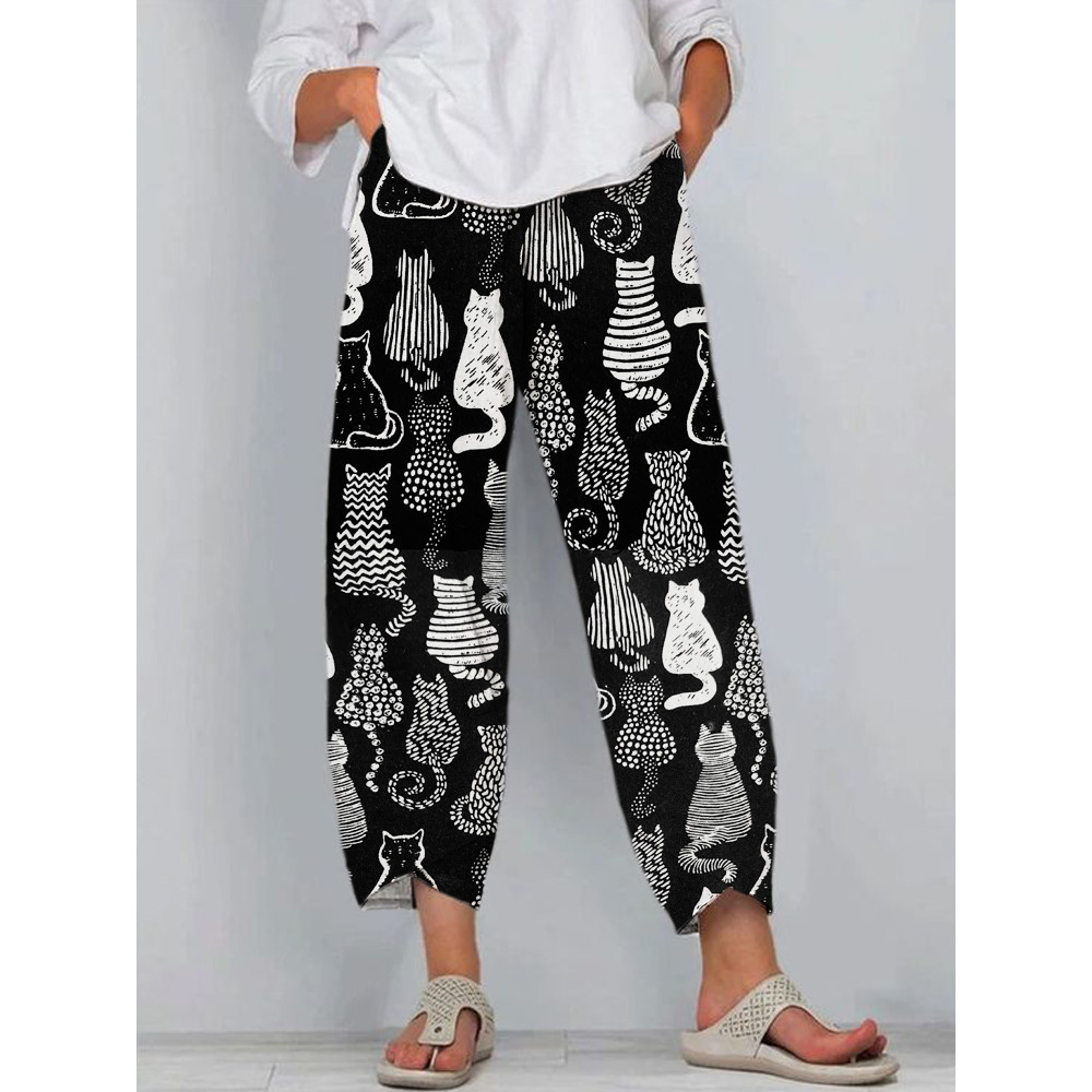 Black and White Cat Line Print Linen Casual Pants