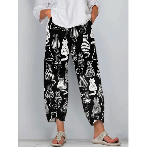 Black and White Cat Line Print Linen Casual Pants