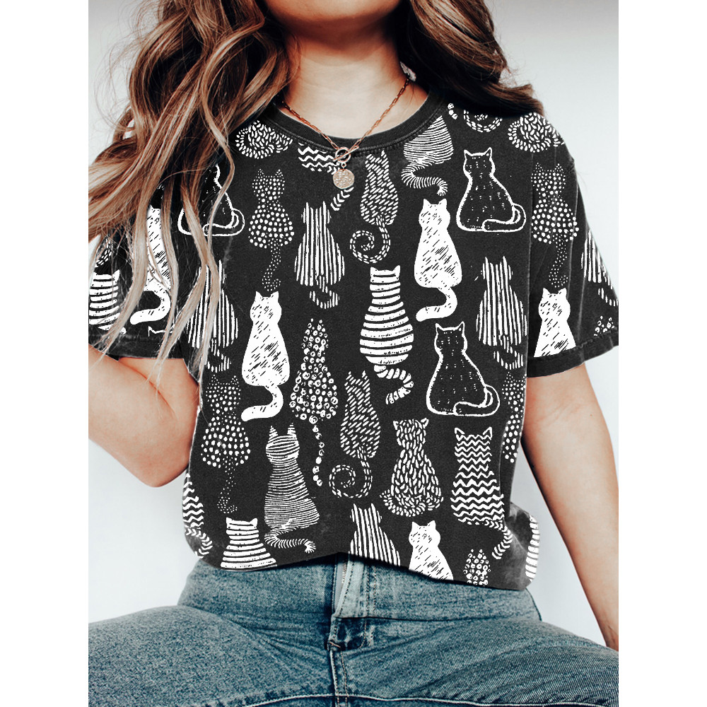Black and White Cat Line Print Short Sleeve T-Shirt