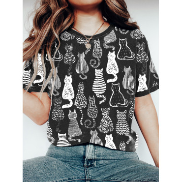 Black and White Cat Line Print Short Sleeve T-Shirt