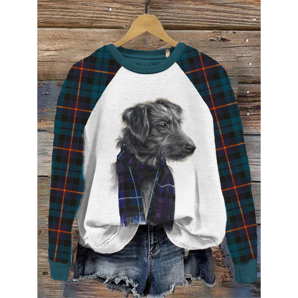 Blue Checkered Dog Pattern Crew Neck Sweatshirt