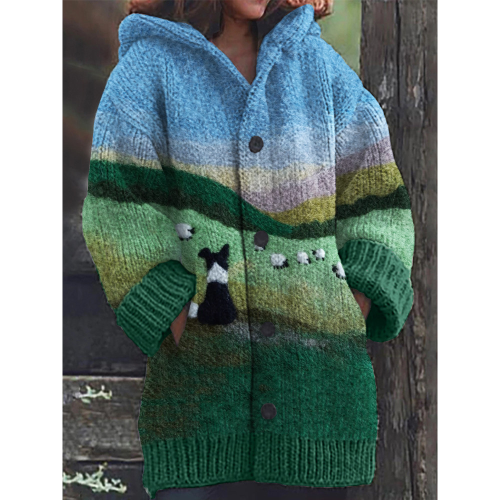 Border Collie & Sheep Landscape Felt Art Cozy Hooded Cardigan