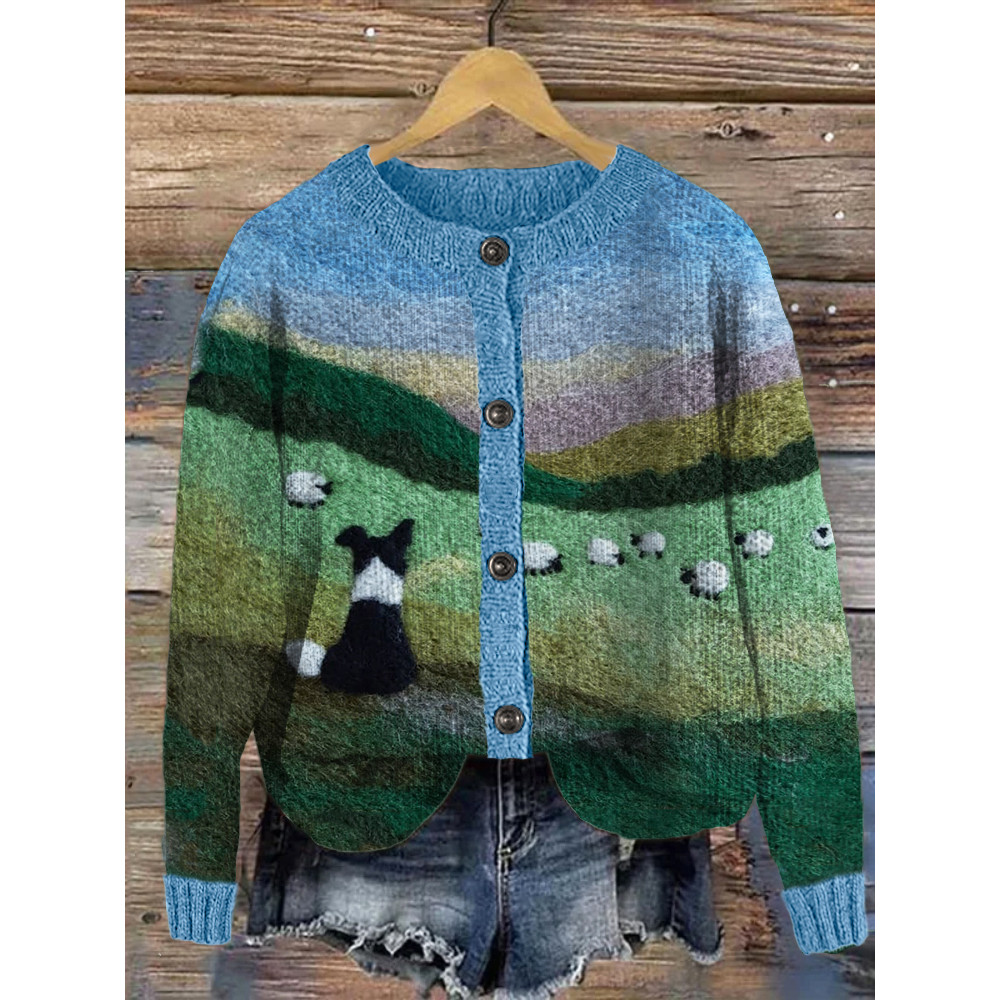 Border Collie & Sheep Landscape Felt Art Cozy Knit Cardigan