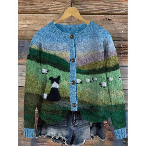 Border Collie & Sheep Landscape Felt Art Cozy Knit Cardigan