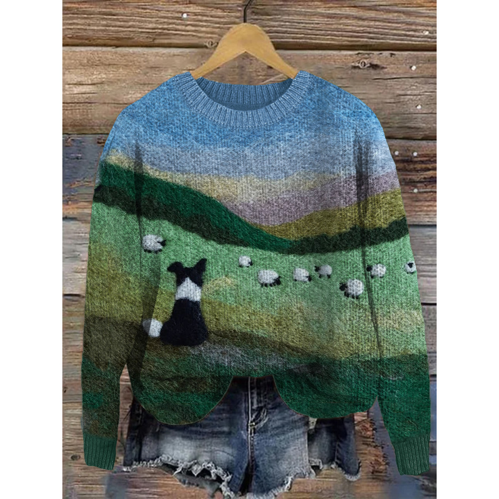 Border Collie & Sheep Landscape Felt Art Cozy Sweater