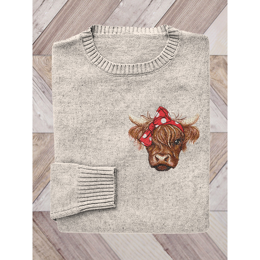 Bow Cow Embroidery Pattern Cozy Sweater