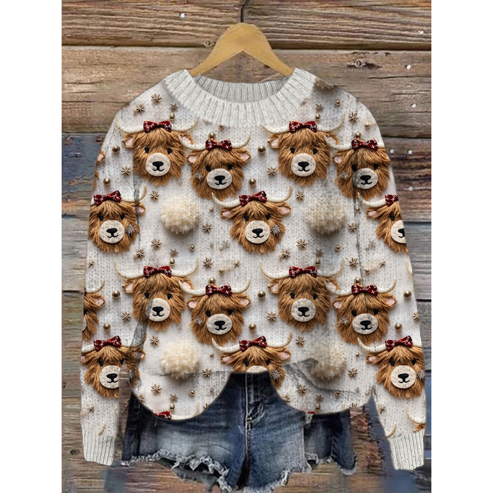 Bow Cow Pattern Crew Neck Sweater
